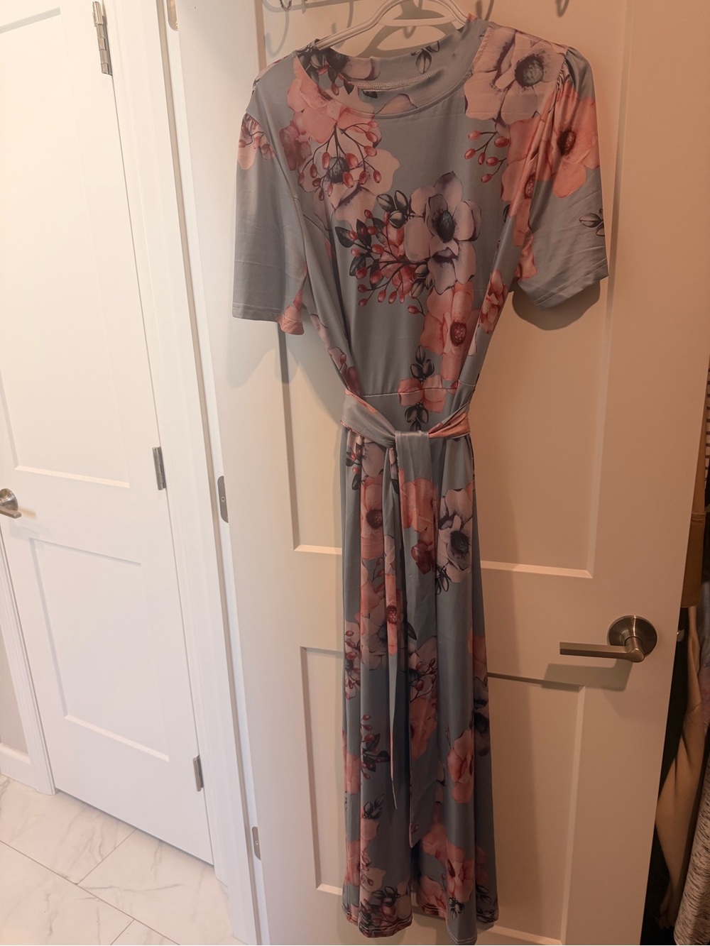 Dusty Blue Floral Maxi Dress with Pink Blooms